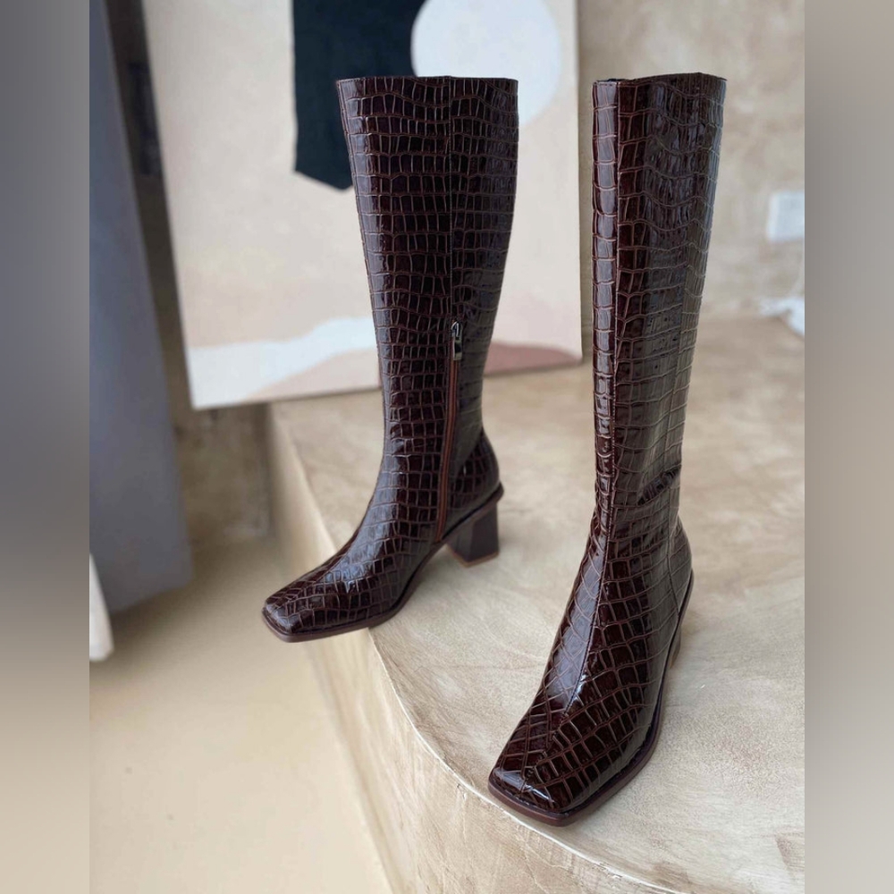 High Shaft Brown Patent Boots